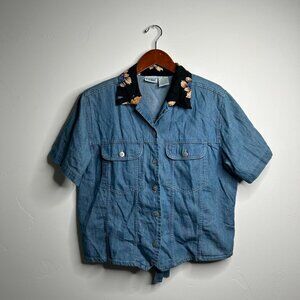Blue denim button up shirt with floral collar size small